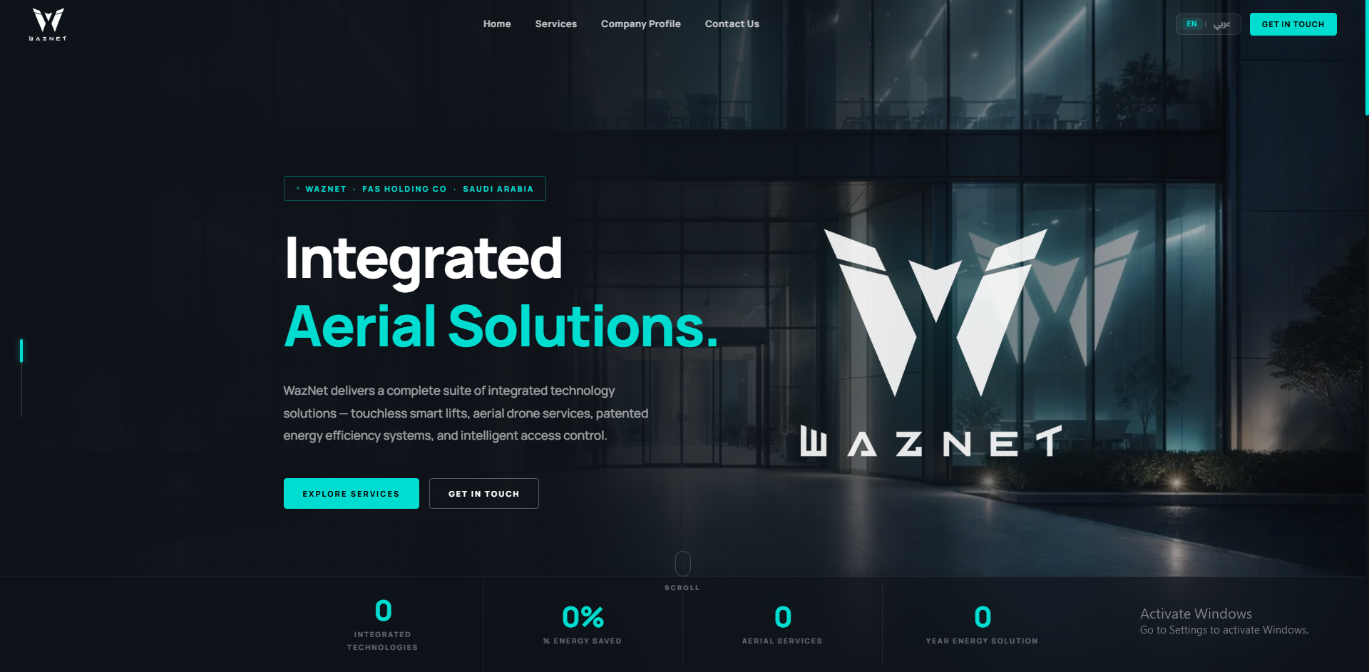 WazNet Solutions website home page with dark aerial-technology artwork